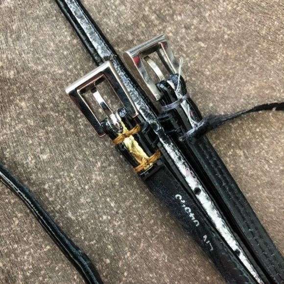 PRADA Gold Patent Leather Button Tab Switch Back Skinny Belt - Picture 9 of 10